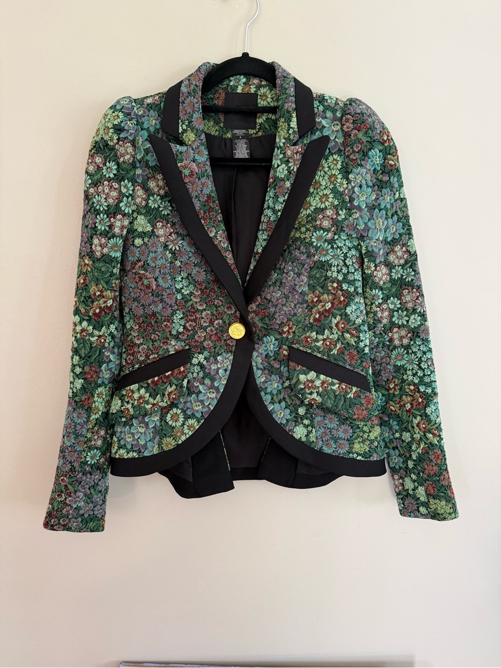 SMYTHE Taped Pouf Sleeve One Button Blazer in Jade Tapestry - 4